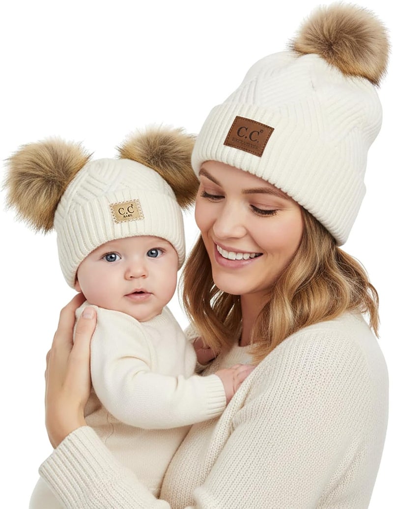 Funky Junque Mommy & Me Double Pom Beanies – Mama & Mini Matching Winter Outfits, Mom & Infant Baby Girl Beanie Hat Set - Image 1